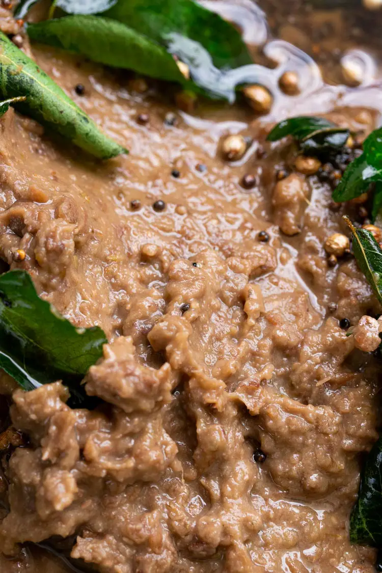 kollu paruppu chutney, lentil curry, lentil mash closeup shot