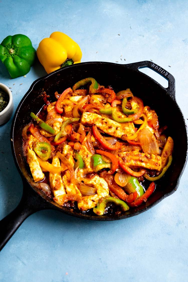 recipe for paneer jalfrezi in a skillet