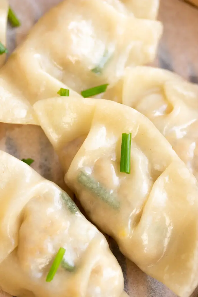 glossy and shiny dumpling skin with chicken filling