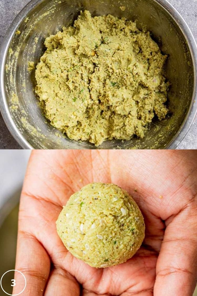 homemade falafel recipe, female hand with a ball of uncooked falafel