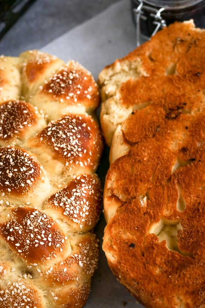 Braided challah with sesame and poppy seeds